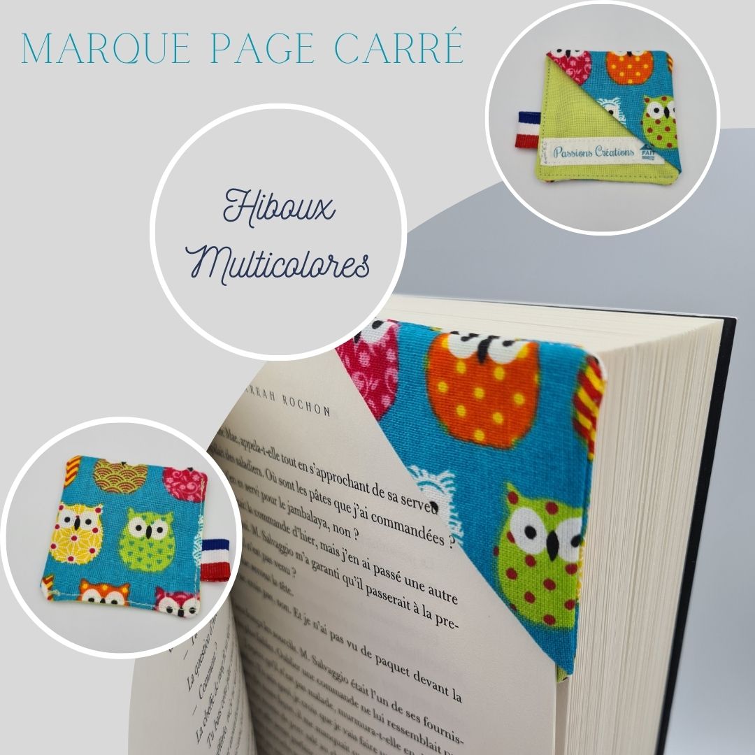 marque page hiboux multicolore fond turquoise