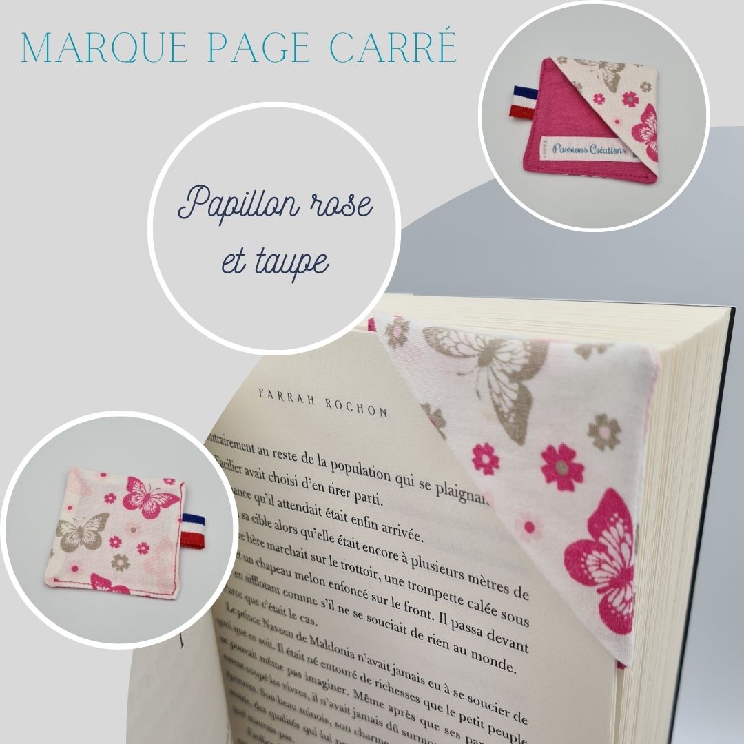 Marque page blanc motif papillon rose et taupe