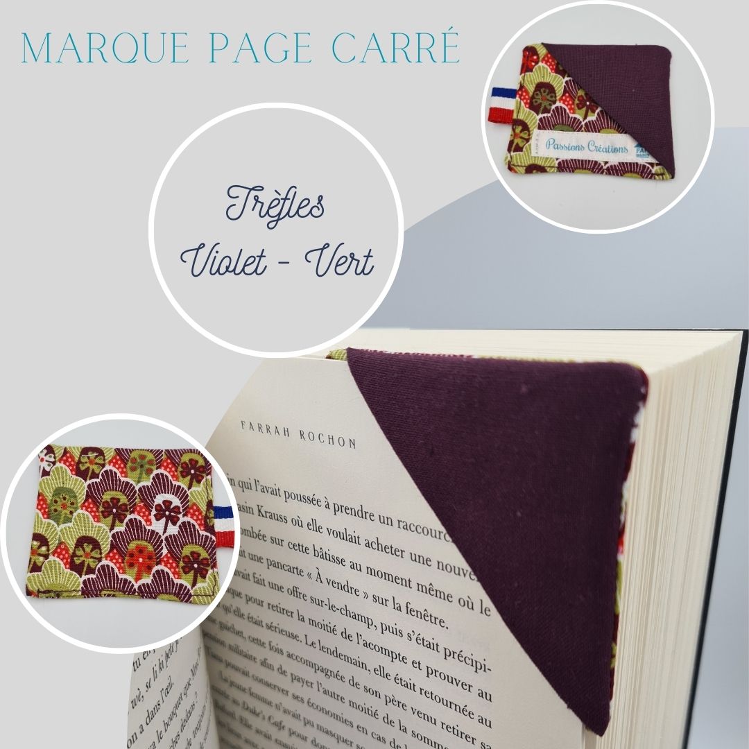 marque page carré violet et vert avec des trèfles