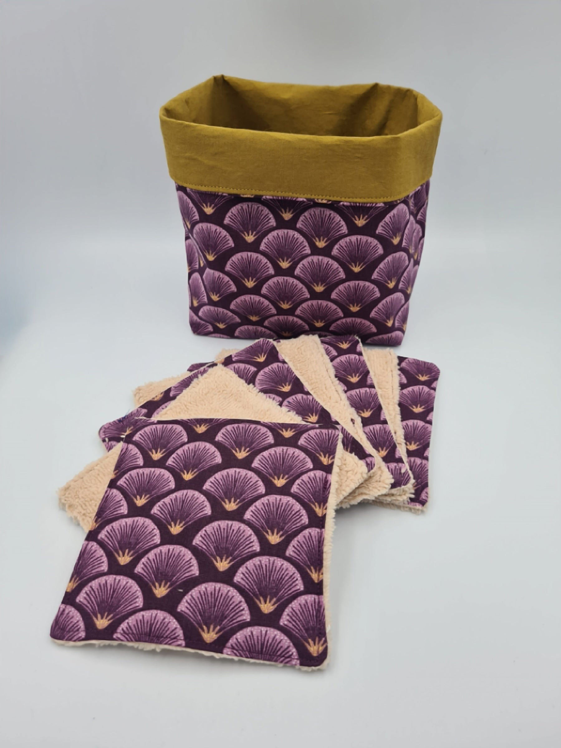 panière et lingette lavable éventail violet et or
