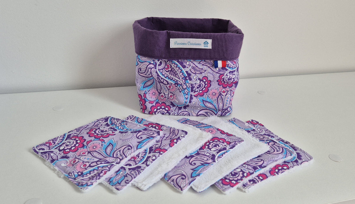 paniere et semainier de lingette fleur dansante dans les tons violet