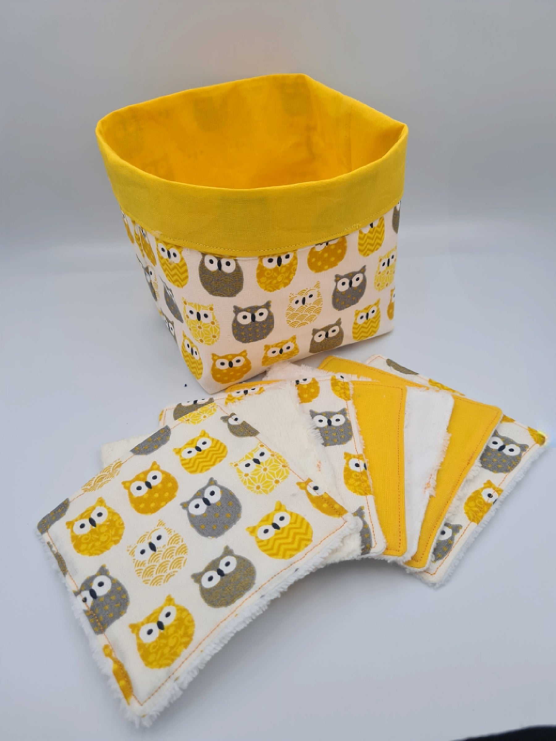 panière et lingette lavable hiboux jaune