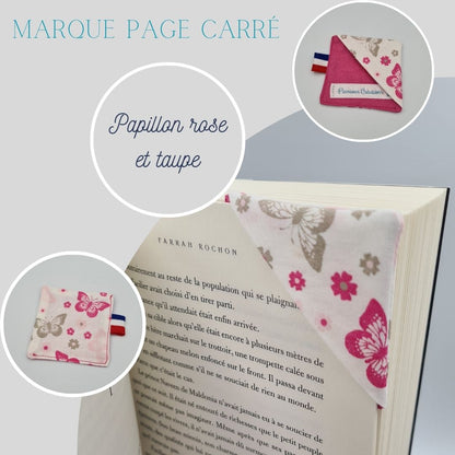 Marque page blanc motif papillon rose et taupe